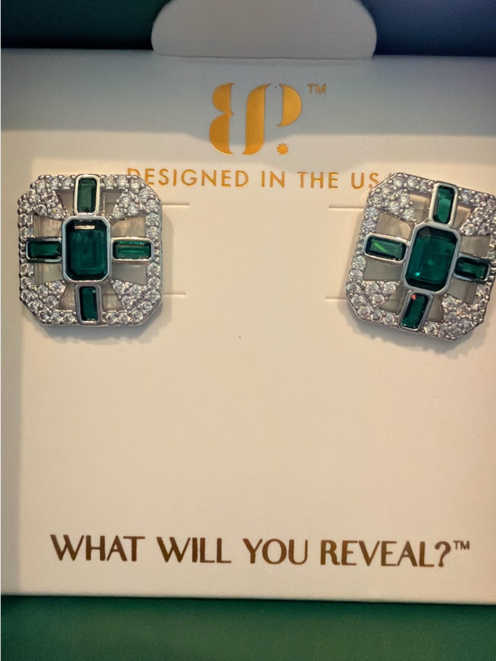 Bomb Party May Birthday Emerald Green & Diamond CZ Square Stud Earrings